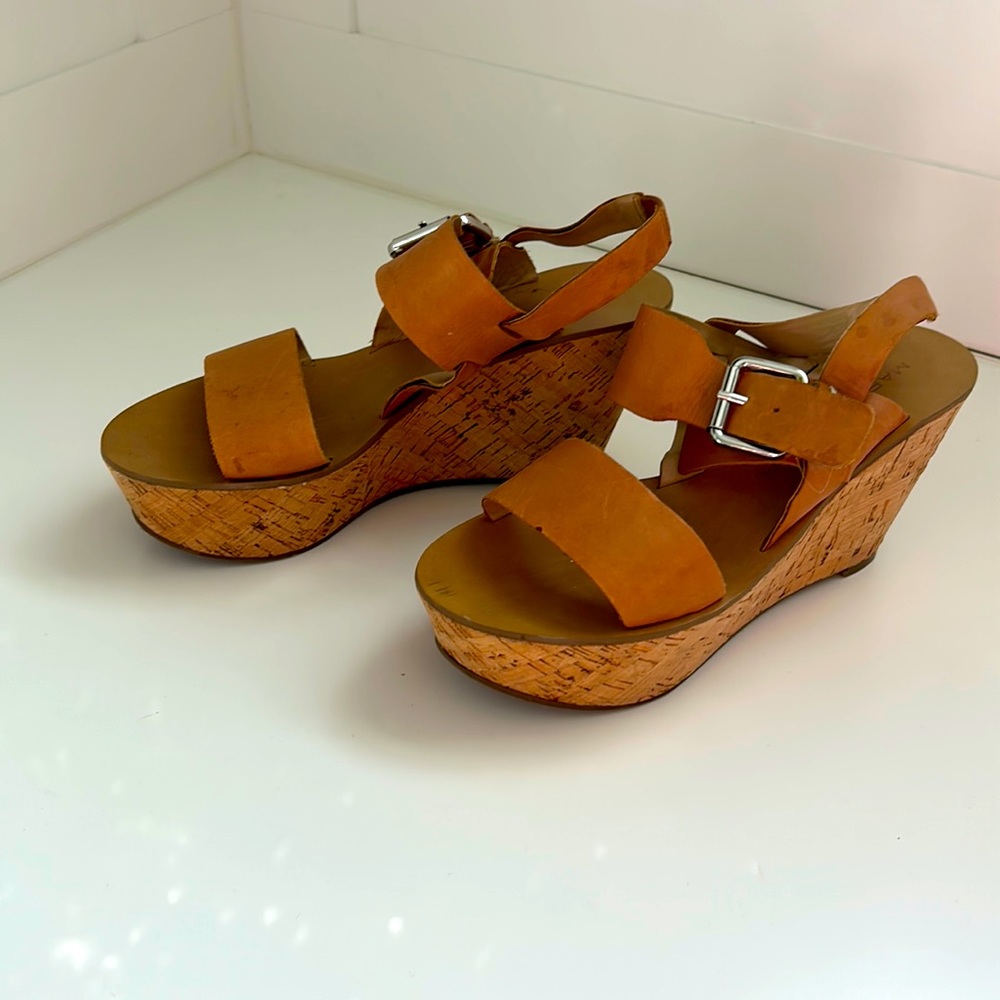 Tan Marc Fisher Wedge Sandal, Size 7 1/2